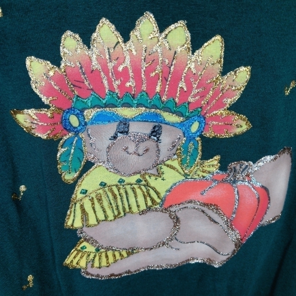 VTG 80s Thanksgiving Women's Plus OS Shirt Green Shoulder Pads Facade USA NWOT - Picture 4 of 9
